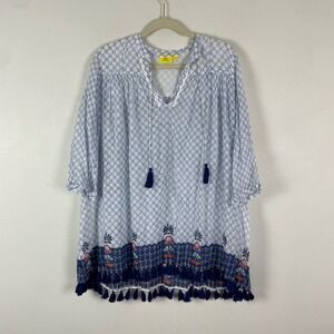 Roller Rabbit Blue White‎ Geometric Tassel Tunic Dress Size M Beach Lightweight